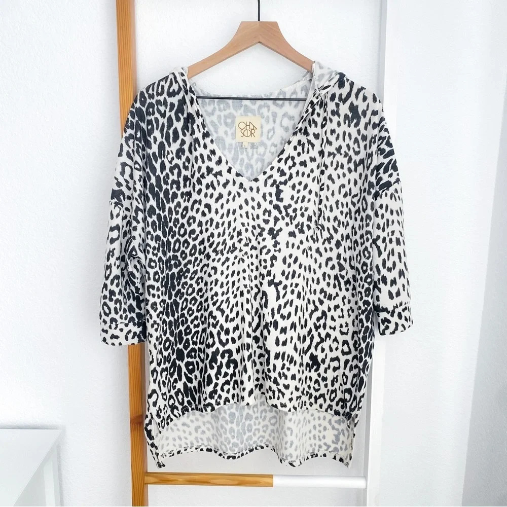 Chaser Animal Leopard Pullover 3/4 Sleeves Olsenn Hoodie Sweater White Black L